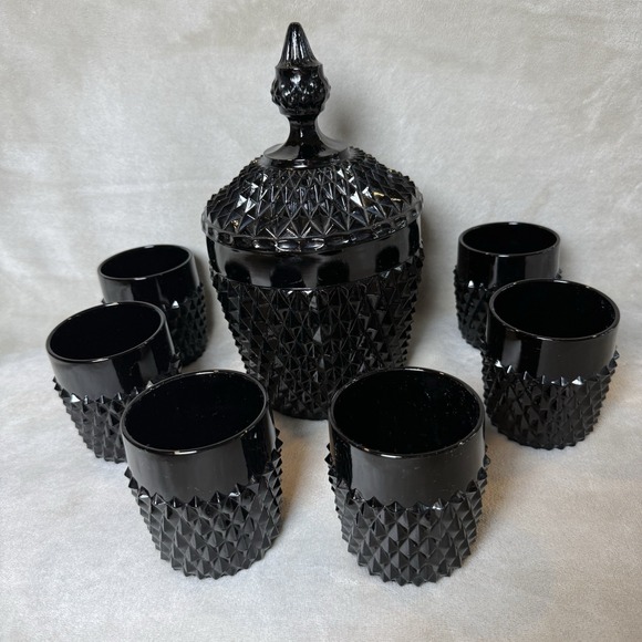 Vintage 1960s Tiara Indian Black Diamond Point Glass 6Small Cups &‎ Ice Bucket - Picture 1 of 9